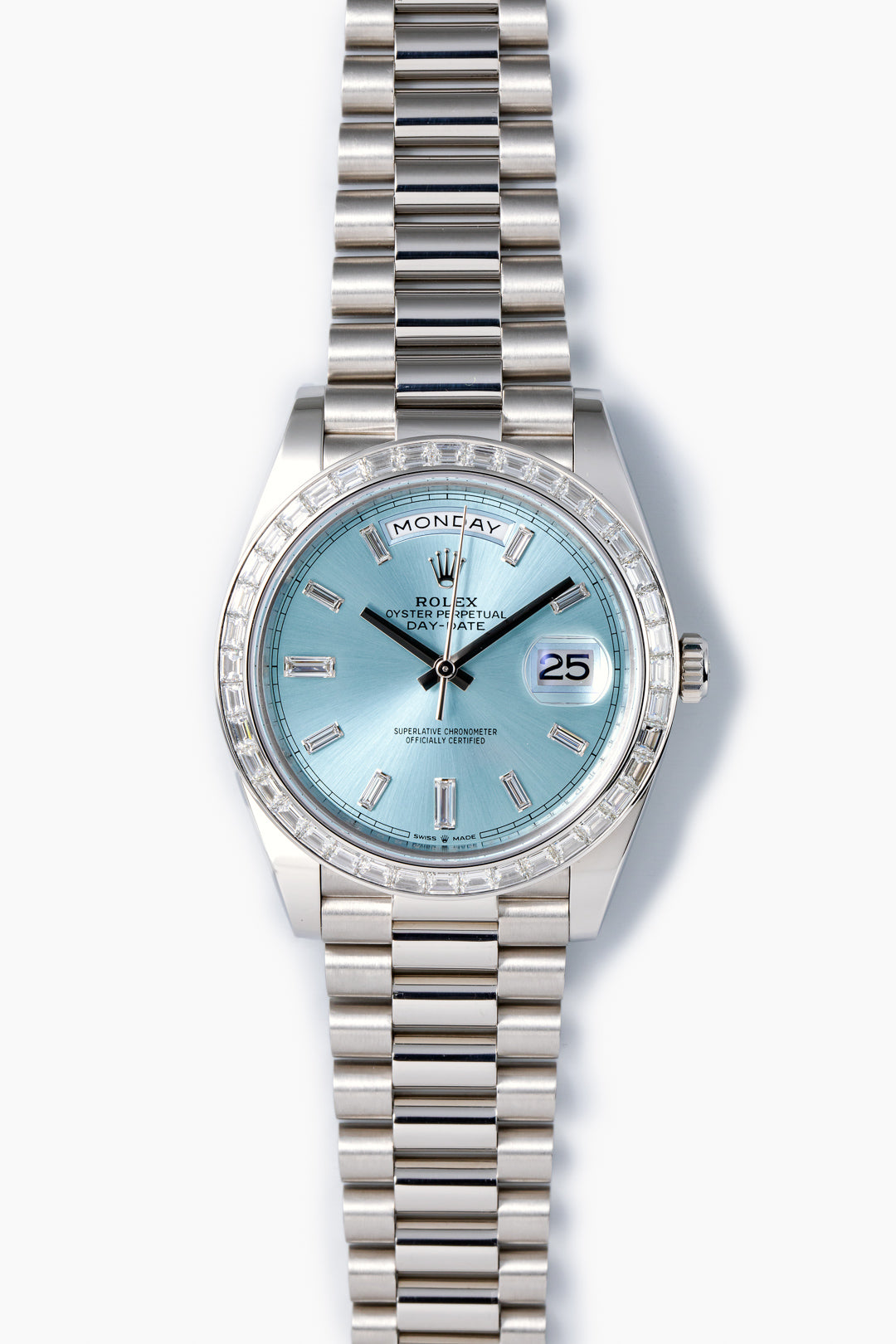 Platinum Day-Date TBR Baguette Set Bezel