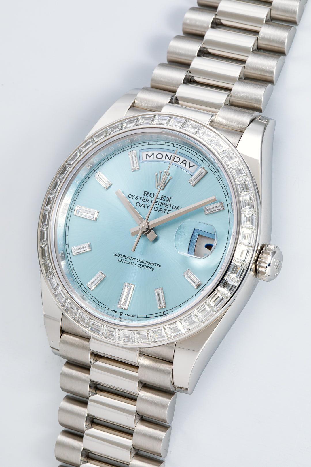 Platinum Day-Date TBR Baguette Set Bezel